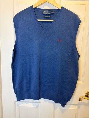 Ralph Lauren Blue 100% Pima Cotton V-Neck Sleeveless Sweater with Red Pony